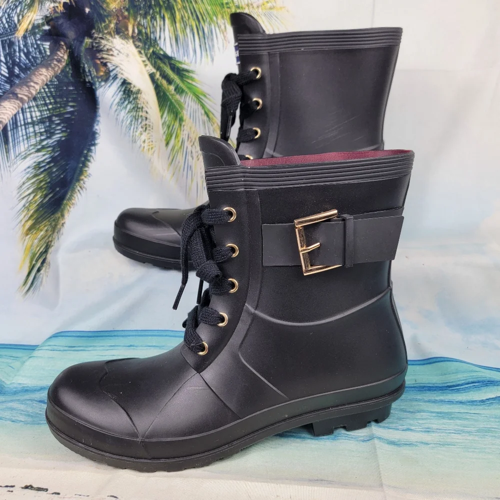 Tommy Hilfiger Rain Boots  Navy Blue Lace Up Rubber Womens 10